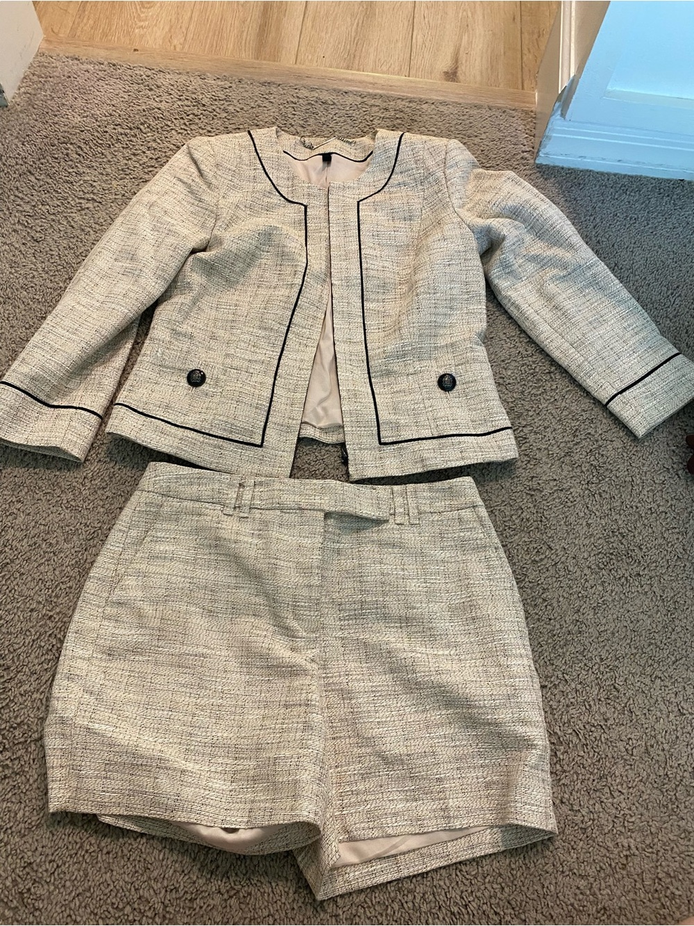 Cream Tweed Collarless Jacket & Matching Shorts Set